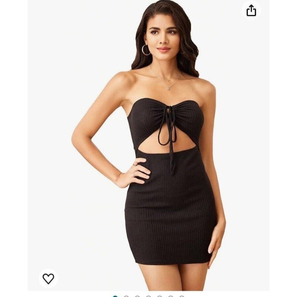 Wdirara Bodycon Mini Dress Size M Women's Ribbed Knit  Black Strapless Cut Out